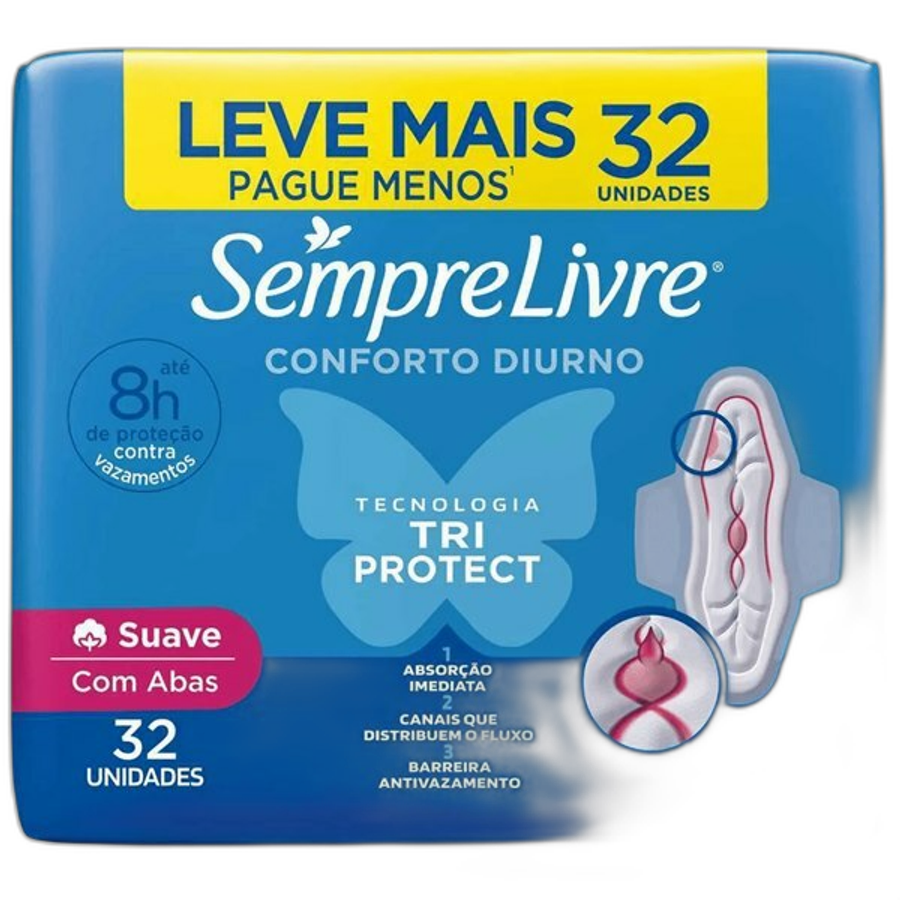Absorvente Sempre Livre Conforto Diurno Tri Protect Suave com Abas 32 Unidades