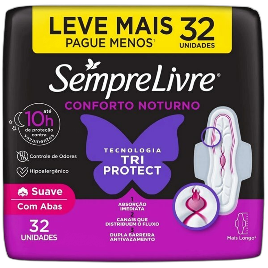 Absorvente Externo Sempre Livre Adapt Plus Noite e Dia Cobertura Suave com Abas 32 Unidades