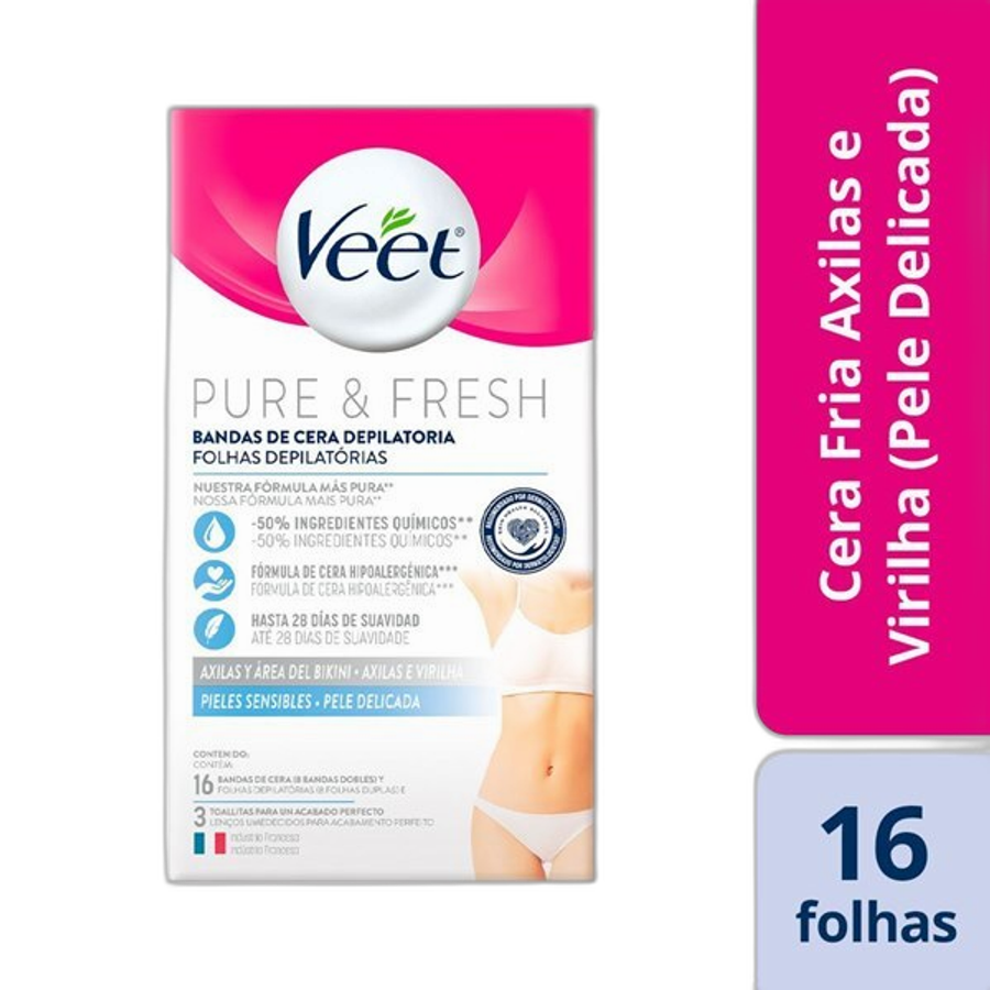 Folhas para Depilação Veet Pure & Fresh Axilas e Virilhas Pele Delicadas 16 Unidades
