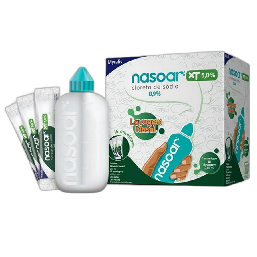 Nasoar Xt Cloreto de Sódio 0,9% + Xilitol 5% Lavagem Nasal 15 Envelopes + Lavador Nasal 240ml