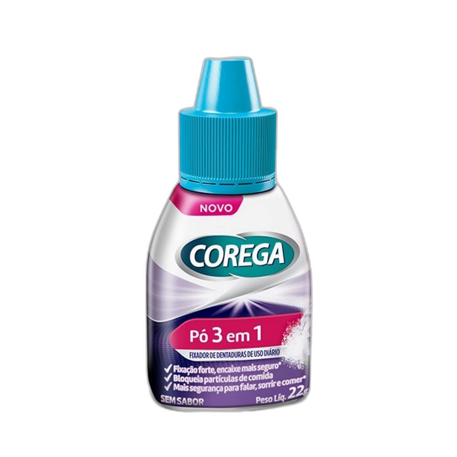 Fixador de Dentadura Corega em Pó 3 em 1 Forte Fixação Sem Sabor 22g