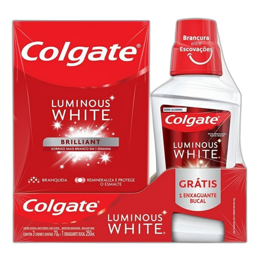 Kit Colgate Luminous White Brilliant Pasta de Dente Mint 70g + Enxaguante Bucal 250ml