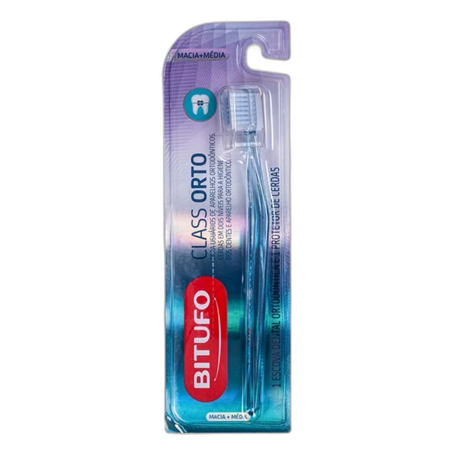 Escova de Dente Ortodôntica Bitufo Class Orto Macia e Média 1 Unidade + 1 Protetor de Cerdas