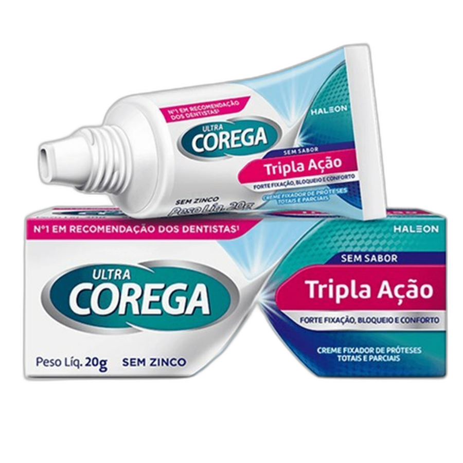 Fixador de Dentadura Ultra Corega Creme Tripla Ação Sem Sabor 20g Livre de Zinco