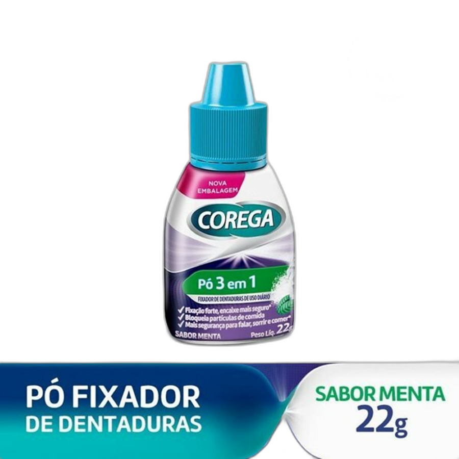 Fixador de Dentadura Corega Pó 3 em 1 Forte Fixação Sabor Menta 22g