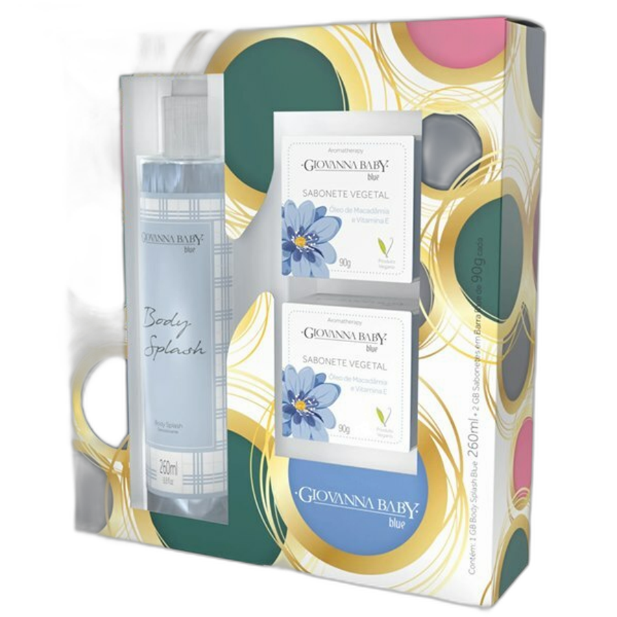 Kit Giovanna Baby Blue Body Splash 260ml + Sabonete em Barra Vegetal Óleo de Macadâmia e Vitamina e 2 Unidades de 90g Cada