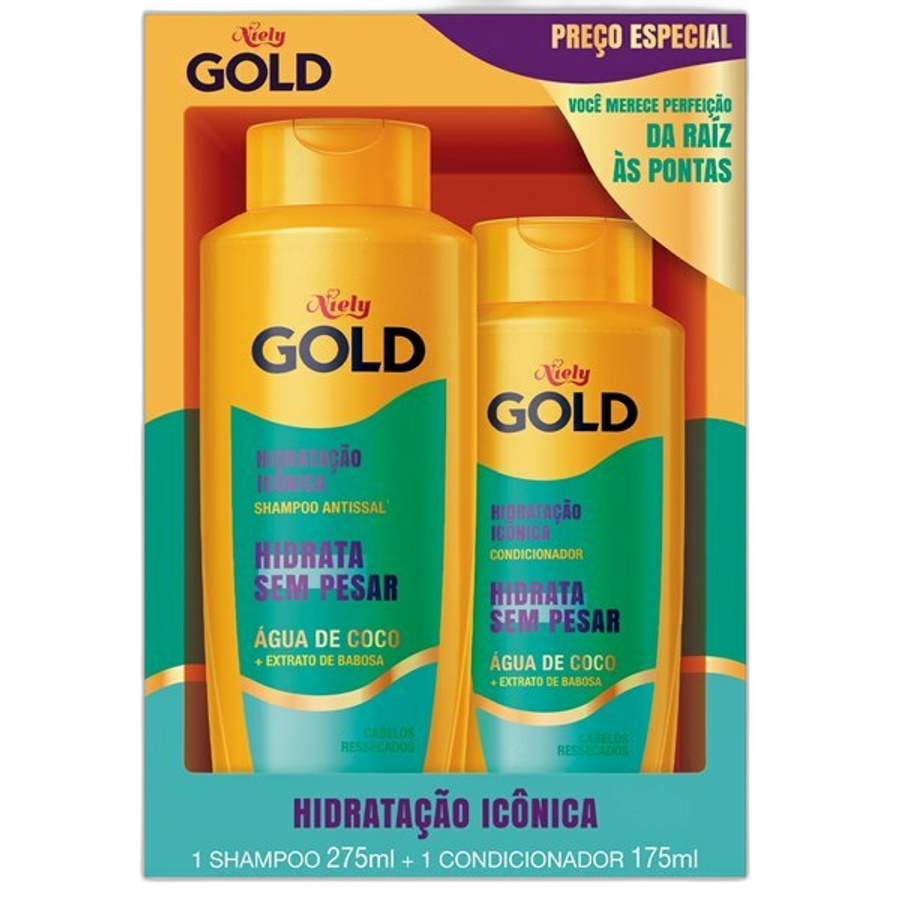 Kit Shampoo Niely Gold Hidratação Água de Coco 275ml + Condicionador 175ml