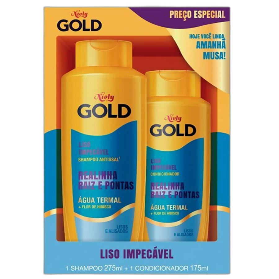 Kit de Shampoo 275ml e Condicionador 175ml Niely Gold Liso