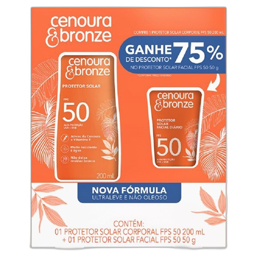 Kit Protetor Solar FPS50 200ml + Protetor Solar Facial Toque Seco FPS50 50g Cenoura & Bronze