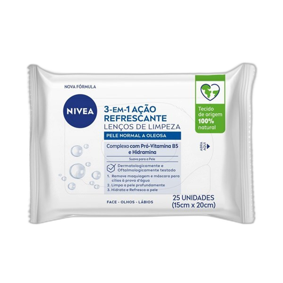 Lenços de Limpeza Demaquilantes Nivea 3 em 1 Ação Refrescante 25 Unidades