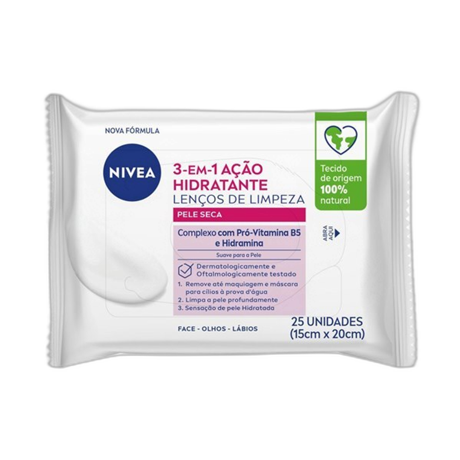 Lenço de Limpeza Demaquilante Nivea 3 em 1 Ação Hidratante 25 Unidades