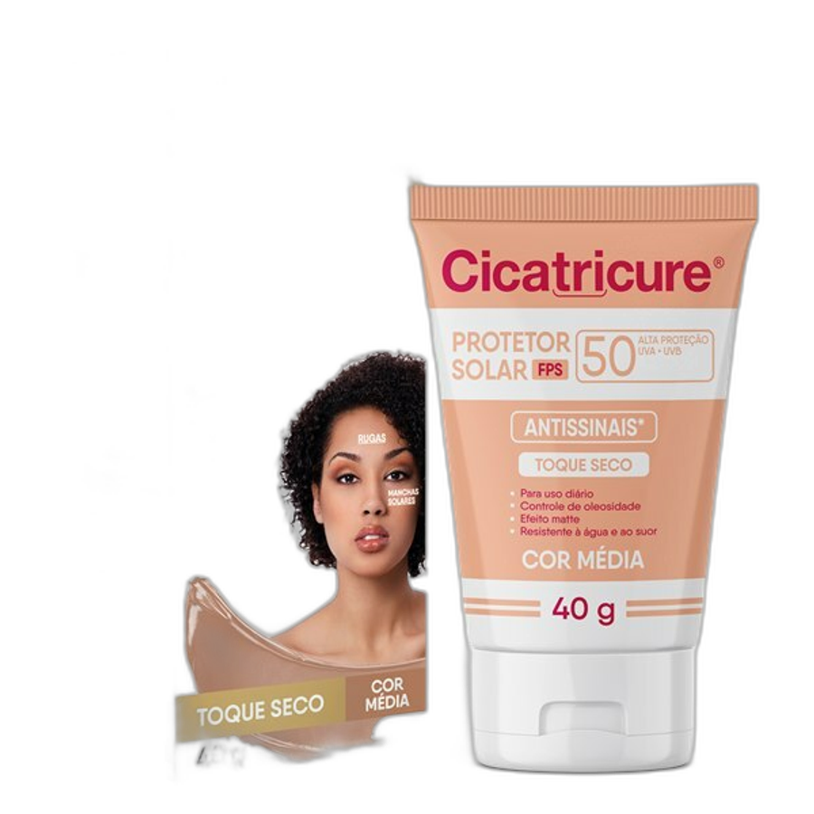 Protetor Solar Facial Cicatricure FPS50 Antissinais Cor Média 40g