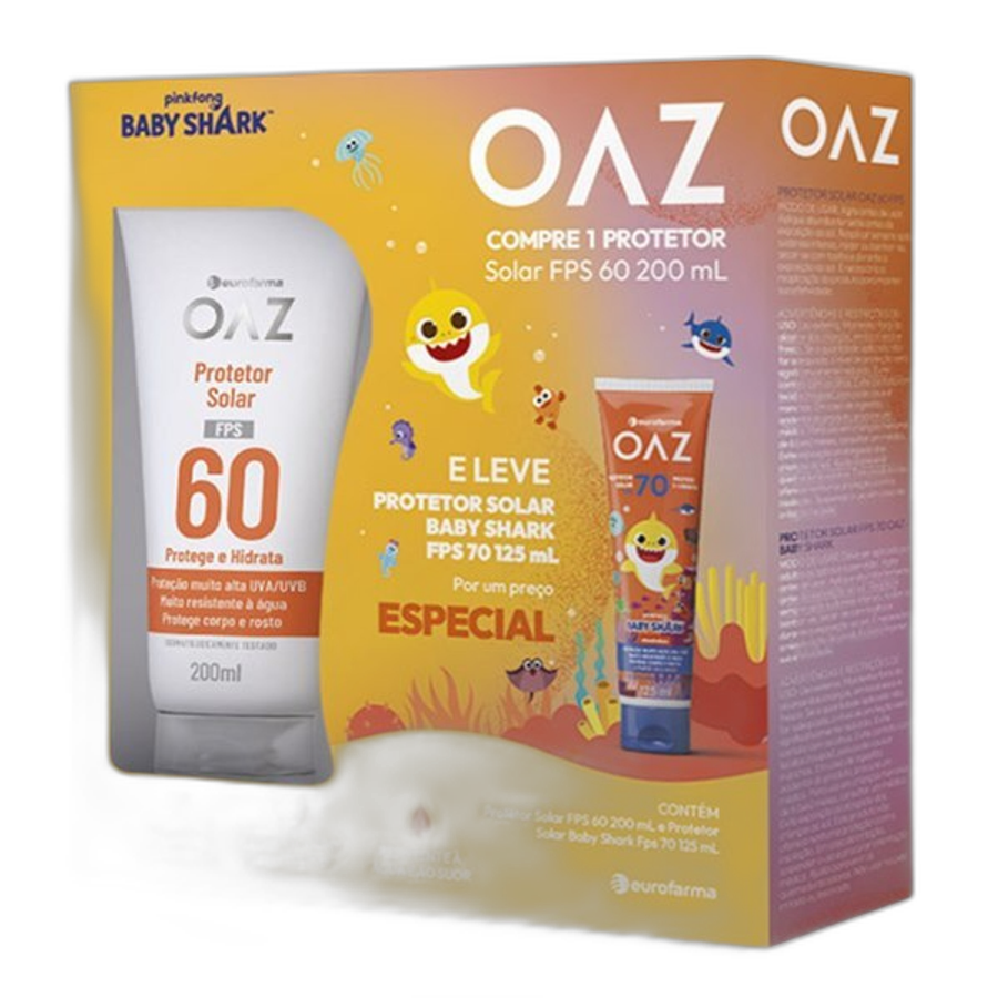 Kit Oaz Protetor Solar Corpo e Rosto Protege e Hidrata FPS60 200ml + Protetor Solar Baby Shark FPS70 125ml