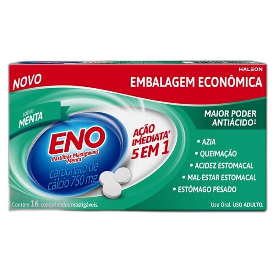 Antiácido Eno Mastigável Carbonato de Cálcio 750mg Sabor Menta 8 Pastilhas Mastigáveis