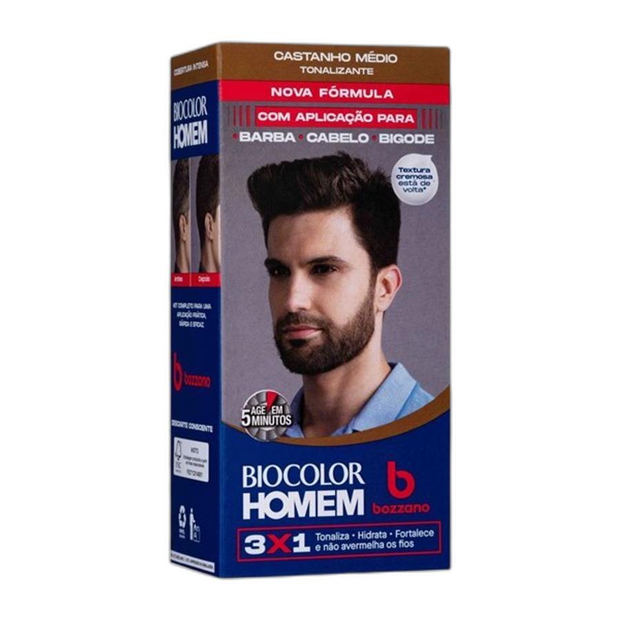 Kit Tonalizante de Cabelo Masculino Bozzano Biocolor Homem Castanho Médio 1 Unidade