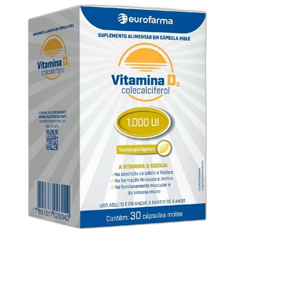 Suplemento Vitamínico Vitamina D3 1000ui Eurofarma 30 Cápsulas Gel