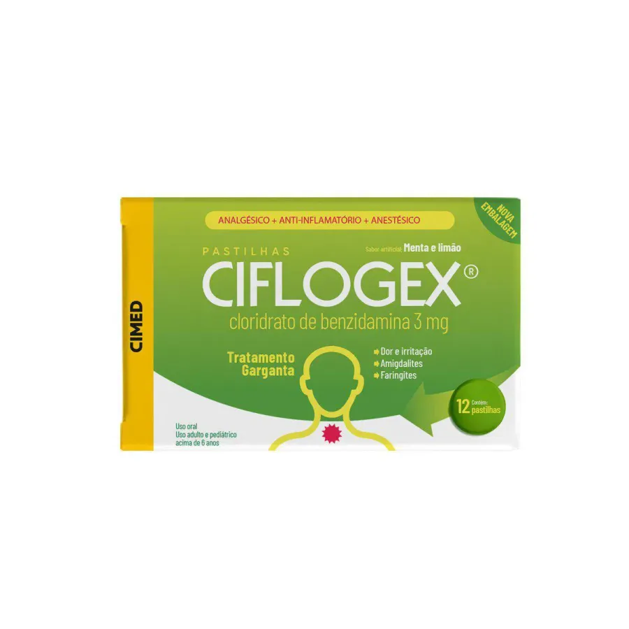 Pastilha de Garganta Ciflogex 3mg Cimed Menta e Limão 12 Pastilhas