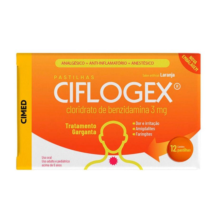 Pastilha para Garganta Ciflogex 3mg Sabor Laranja 12 Unidades