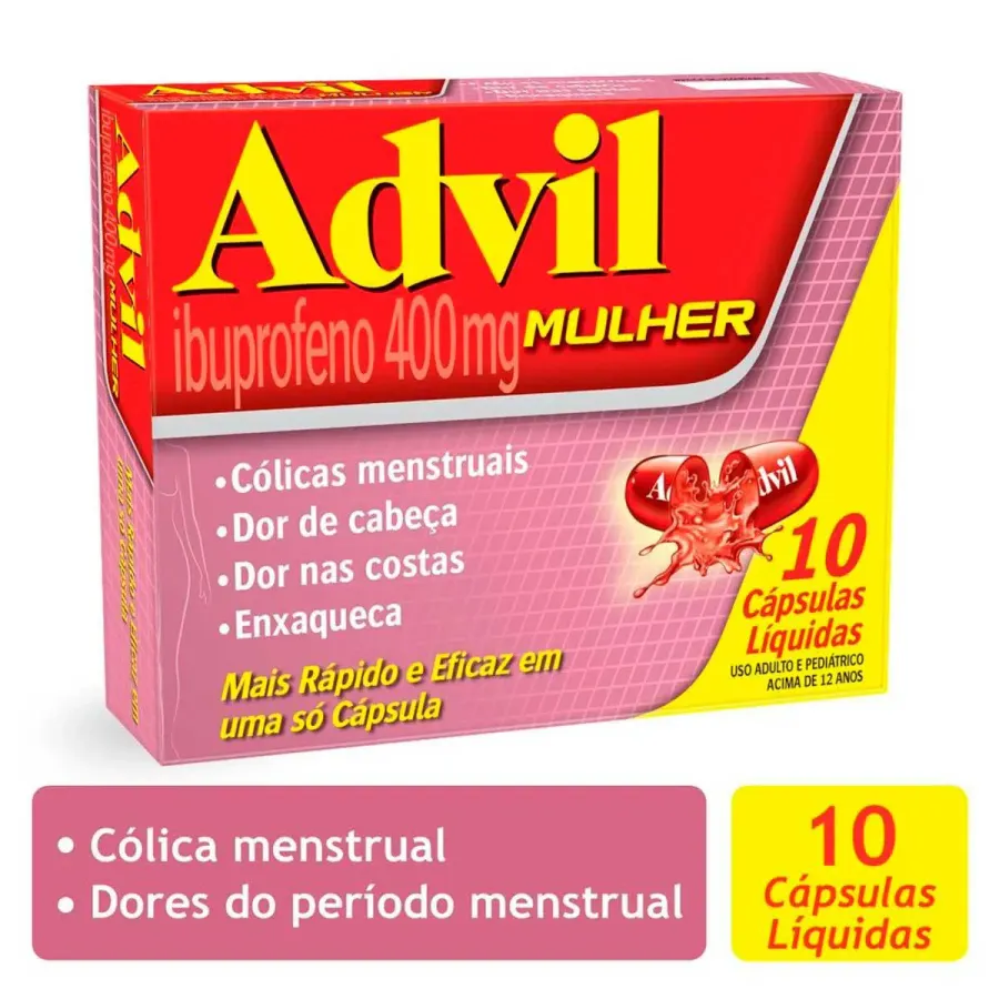 Analgésico Advil Mulher 400mg Ibuprofeno Cólicas Menstruais 10 Cápsulas