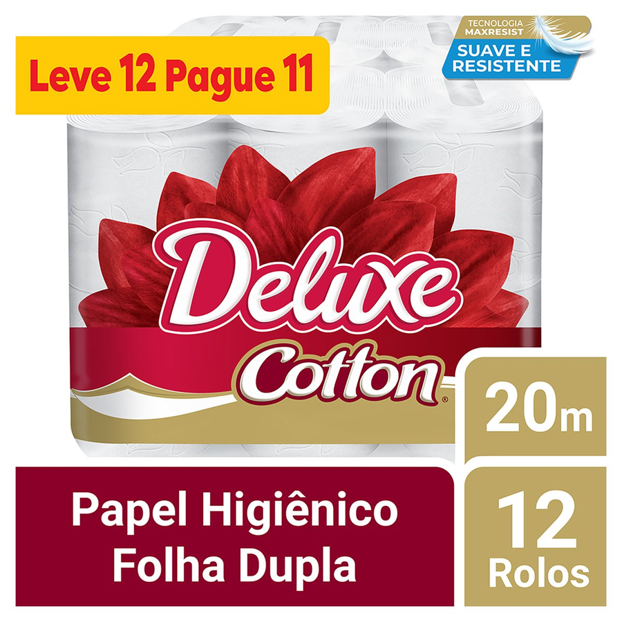 Papel Higiênico Deluxe Cotton Folha Dupla 12 Rolos de 20m X 10cm