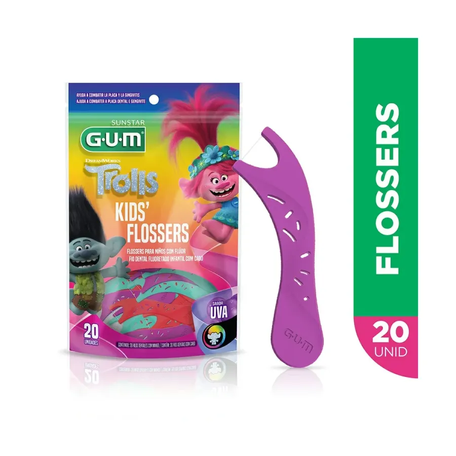 Fio Dental Infantil Flosser Gum Trolls Sabor UVA 20 Unidades