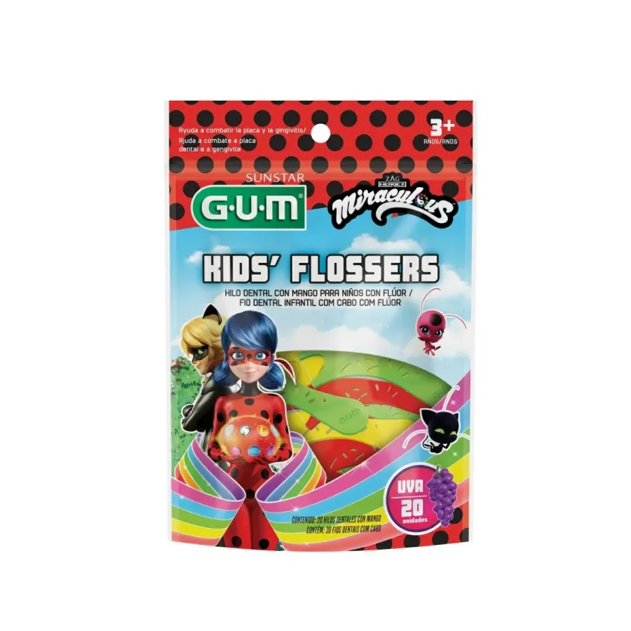Fio Dental Infantil Gum Miraculous com Haste Flossers Sabor UVA 20 Unidades