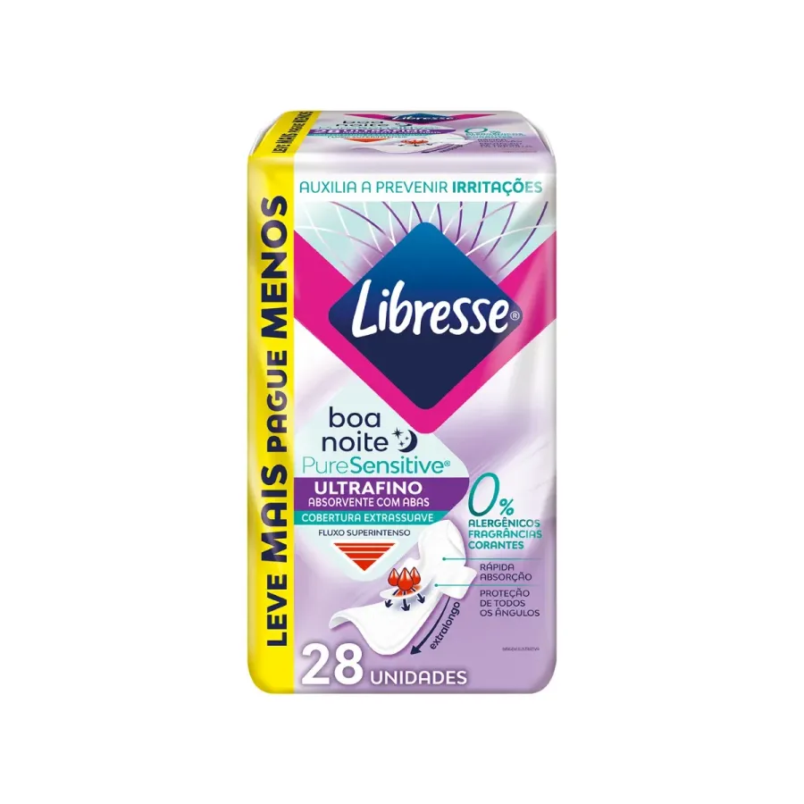 Absorvente Libresse Pure Sensitive Noturno Ultrafino com Abas 28 Unidades