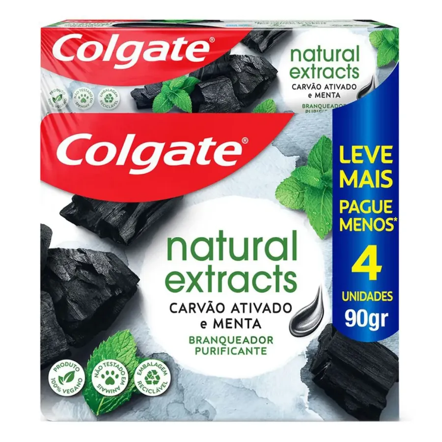 Kit Pasta de Dente Gel Clareador Natural Extracts Carvão Ativado 4 Unidades de 90g