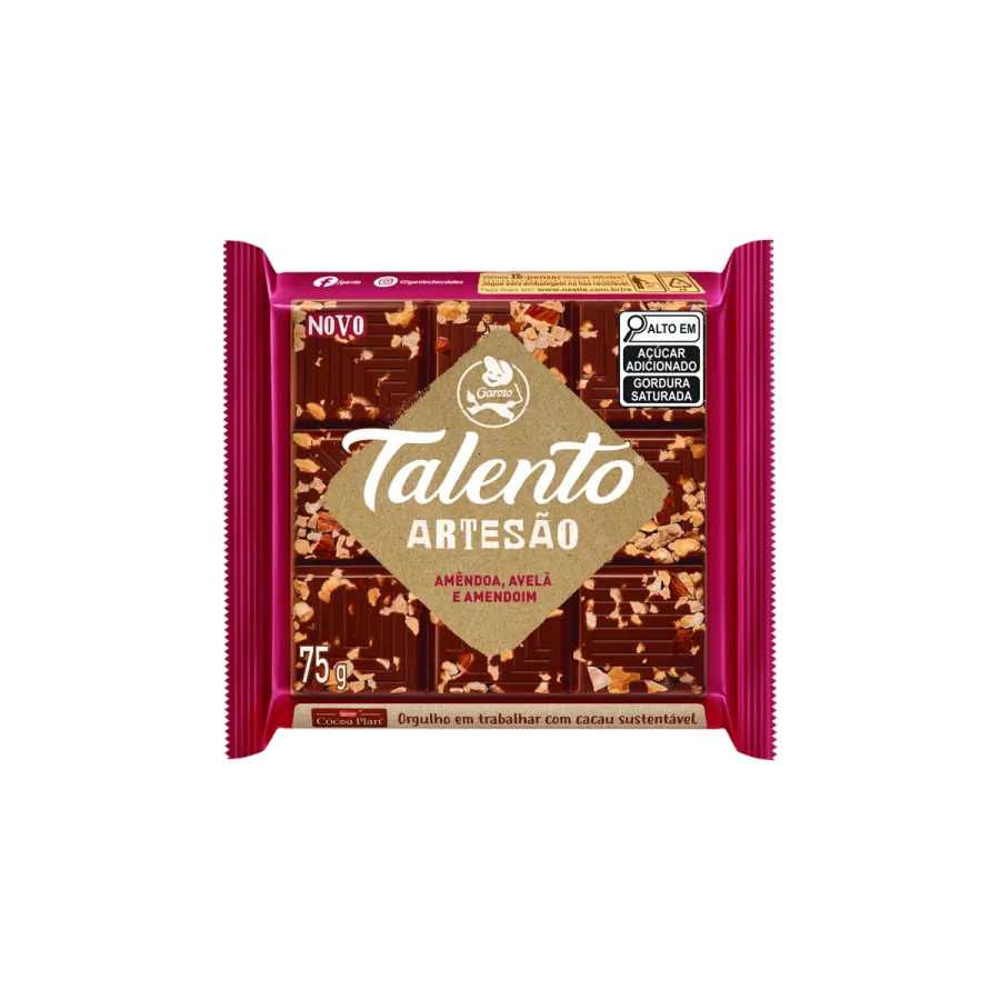 Chocolate Talento Artesão Ao Leite Amêndoa, Avela e Amendoim 75g