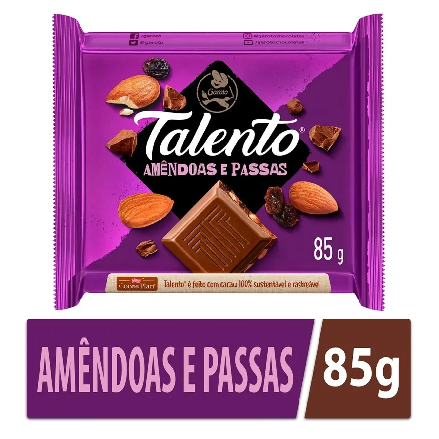 Chocolate Garoto Talento Ao Leite com Amêndoas e Passas 85g