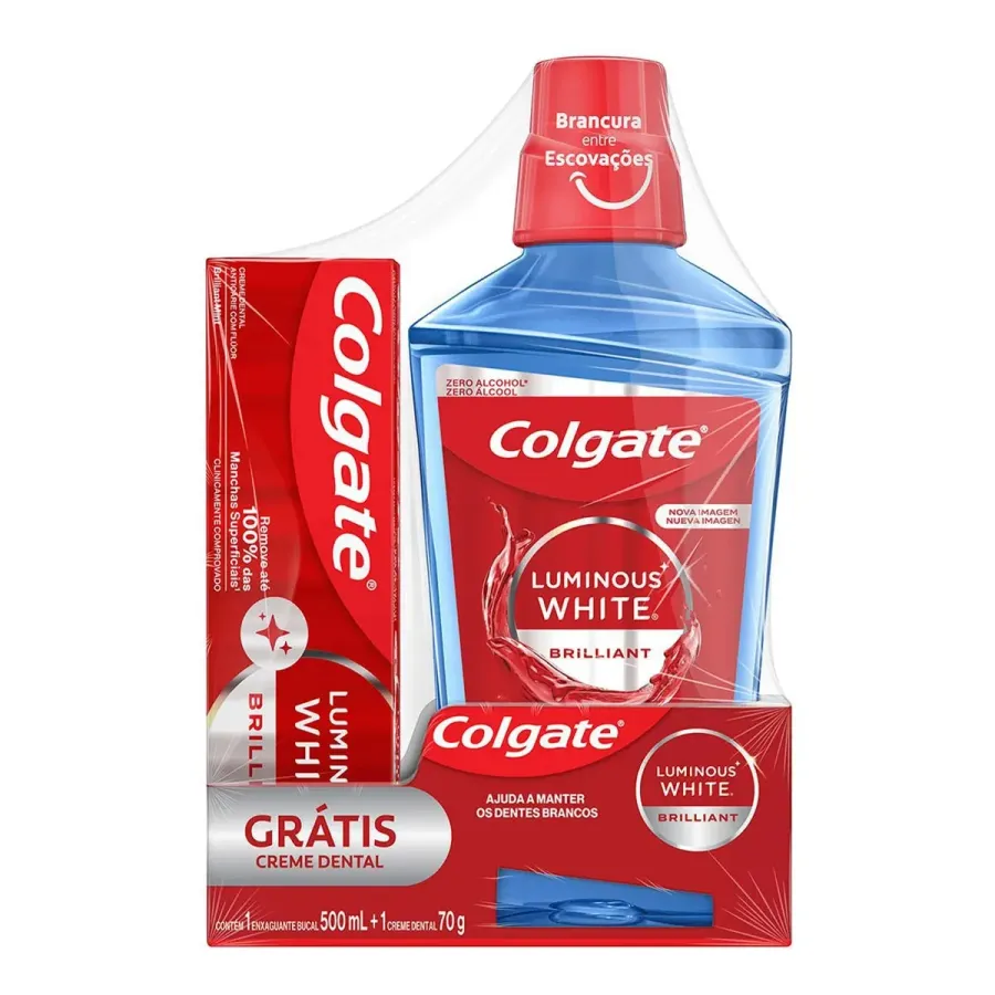 Kit Enxaguante Bucal Colgate Luminous White 500ml + Creme Dental Clareador Luminous White Brilliant White 70g