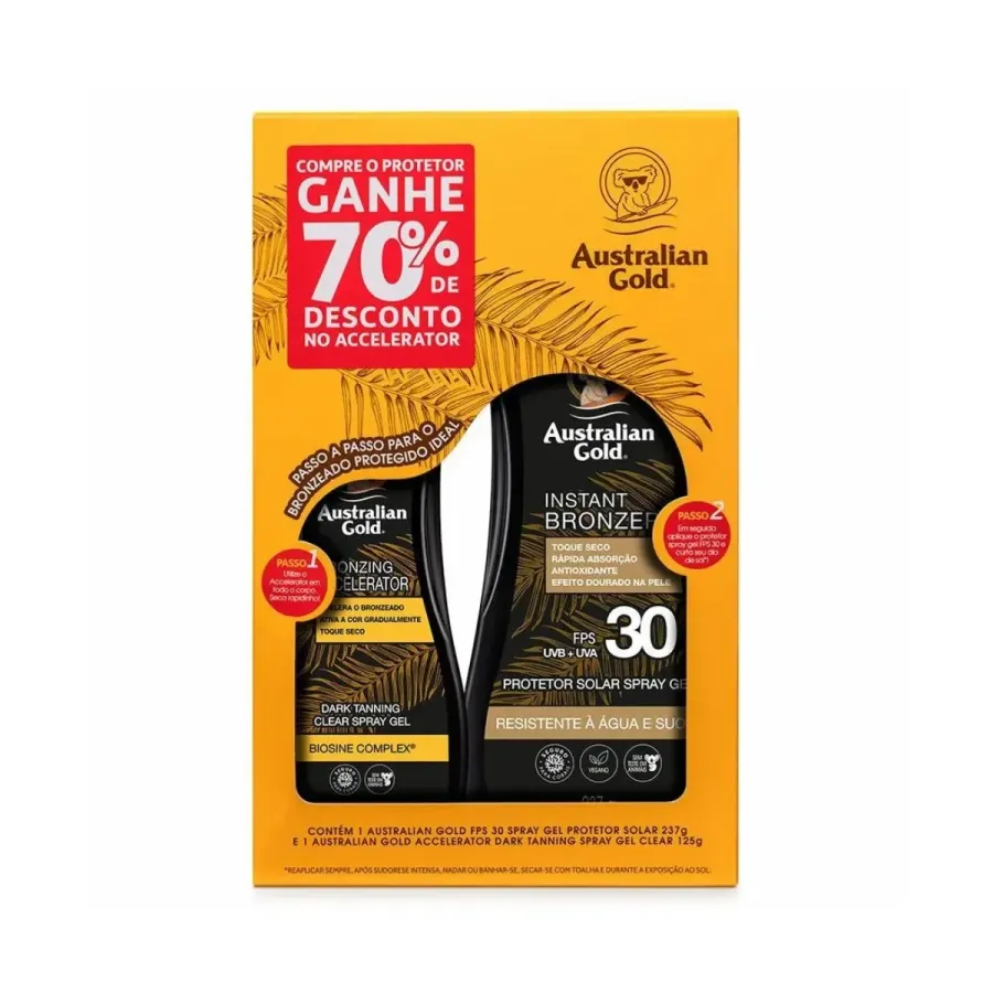Kit Australian Gold Protetor Solar Corporal Instant Bronzer FPS30 237g + Spray Gel Acelerador Clear Dark Tanning 125ml