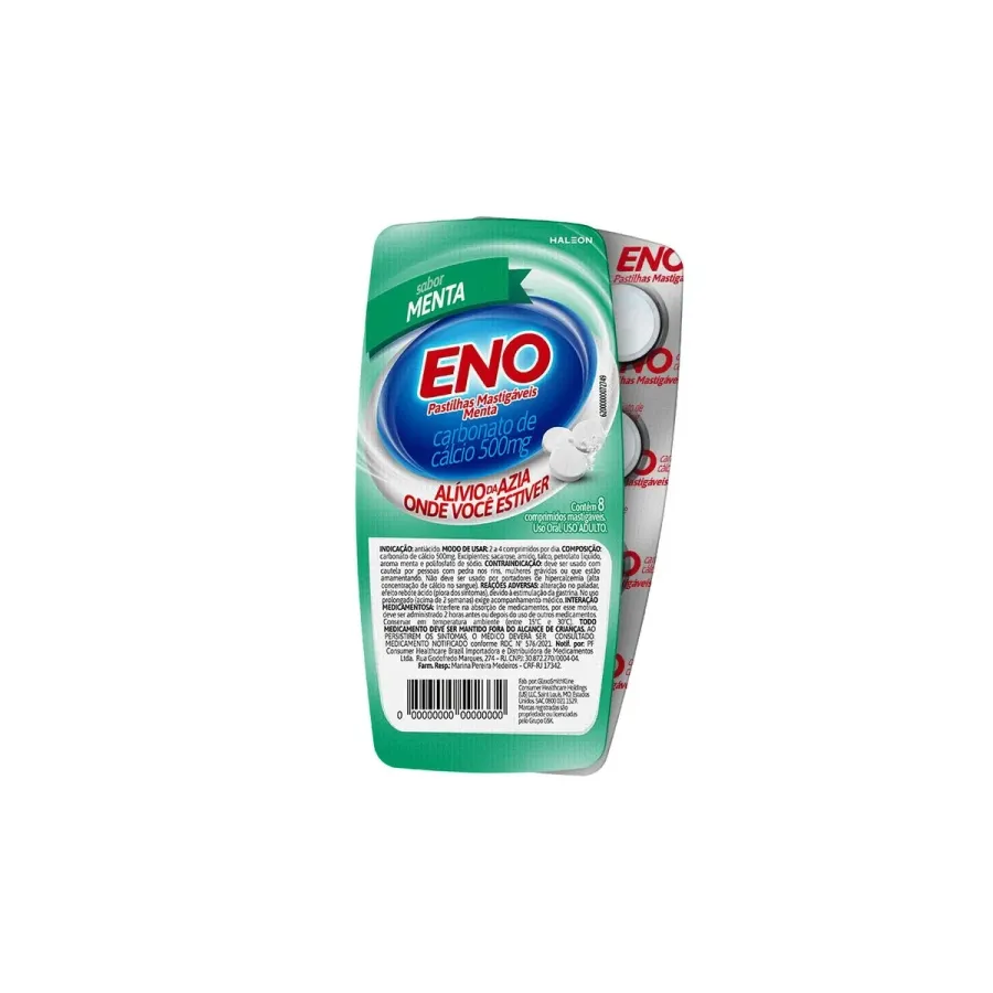 Antiácido Eno Mastigável Carbonato de Cálcio 750mg Sabor Menta 16 Pastilhas Mastigáveis