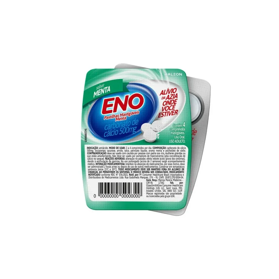 Antiácido Eno Mastigável Carbonato de Cálcio 750mg Sabor Menta 4 Pastilhas Mastigáveis