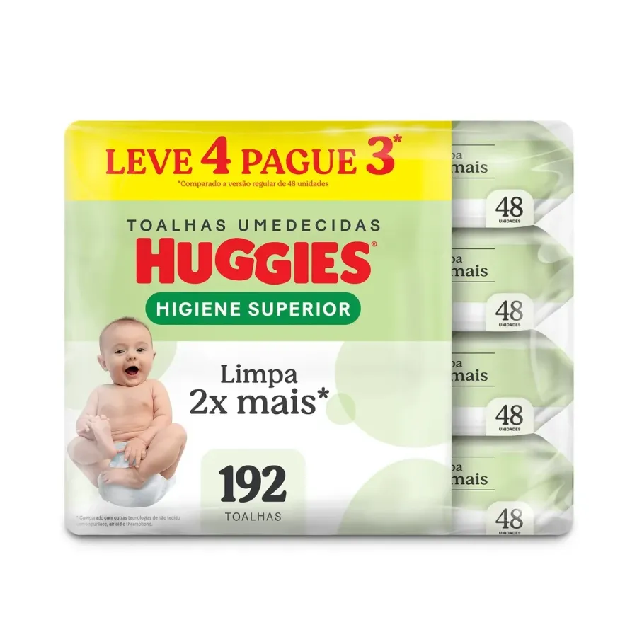 Kit Lenço Umedecido Huggies Higiene Superior Limpam 2x Mais 4 Pacotes com 48 Unidades