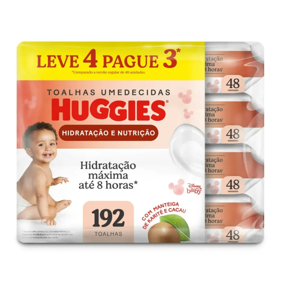 Kit Lenço Huggies Hidratação e Nutrição Contra Assaduras 4 Pacotes com 48 Unidades