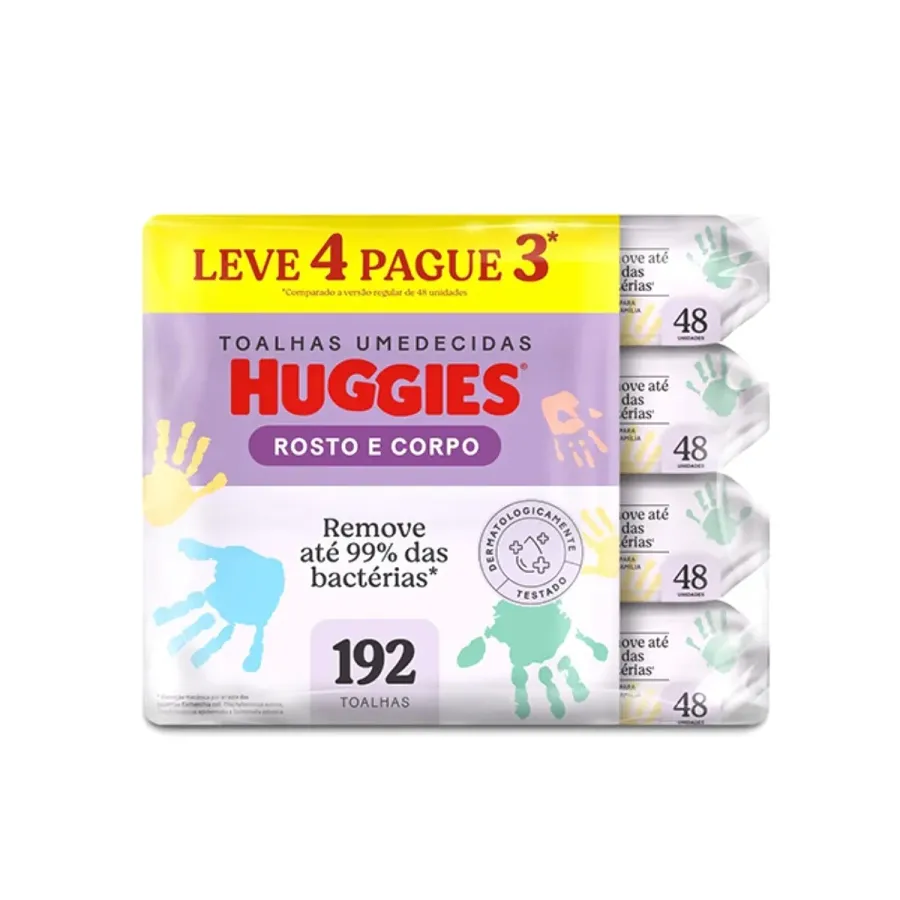 Kit Lenços Umedecidos Huggies Rosto e Corpo Limpeza 4 Pacotes com 48 Unidades