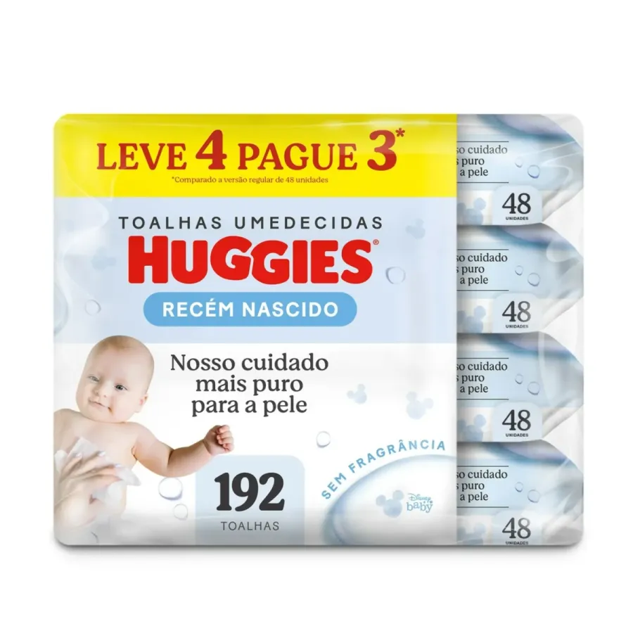 Kit Lenços Umedecidos Huggies Recém-Nascido Sem Fragrância 4 Pacotes com 48 Unidades