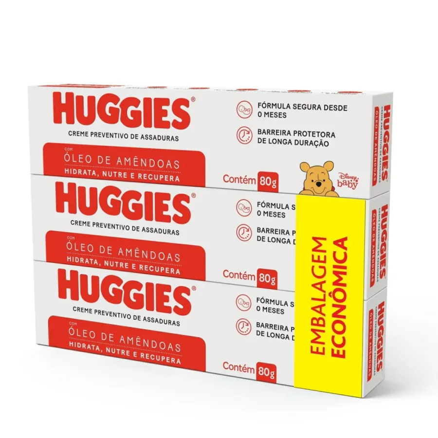 Creme Preventivo de Assadura Huggies Pele Protegida Óleo de Amêndoas 3 Unidades de 80g Cada