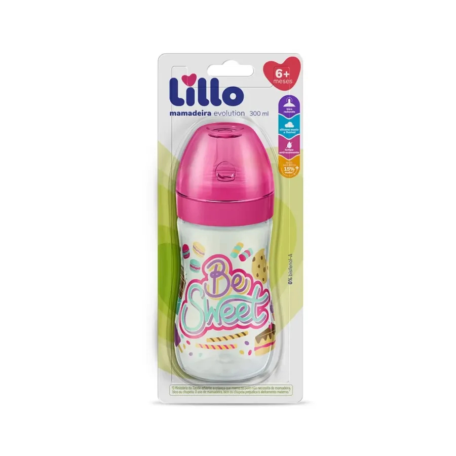 Mamadeira Lillo Evolution Be Sweet Silicone Bico Redondo 6+ Meses Menina 300ml