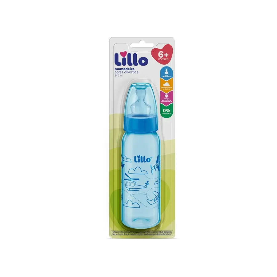 Mamadeira Lillo Divertida Azul Silicone Ortodôntico 240ml