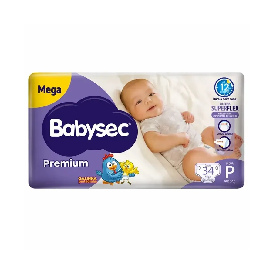 Fralda Babysec Galinha Pintadinha Premium P 34 Unidades