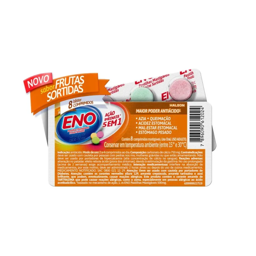 Antiácido Eno Mastigável Carbonato de Cálcio 750mg Sabor Frutas Sortidas 8 Pastilhas Mastigáveis