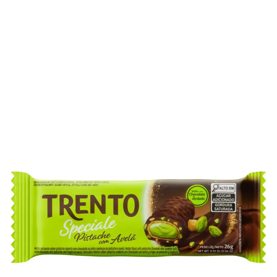 Wafer Recheio Pistache Cobertura Chocolate Ao Leite e Pedaços de Pistache e Avelã Trento Speciale Pacote 26g