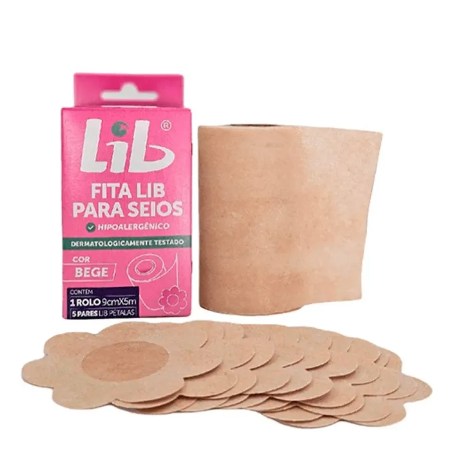 Fita para Seios Lib Hipoalergênico Cor Bege 1 Rolo 9cm X 5m + 5 Pares Lib Pétalas