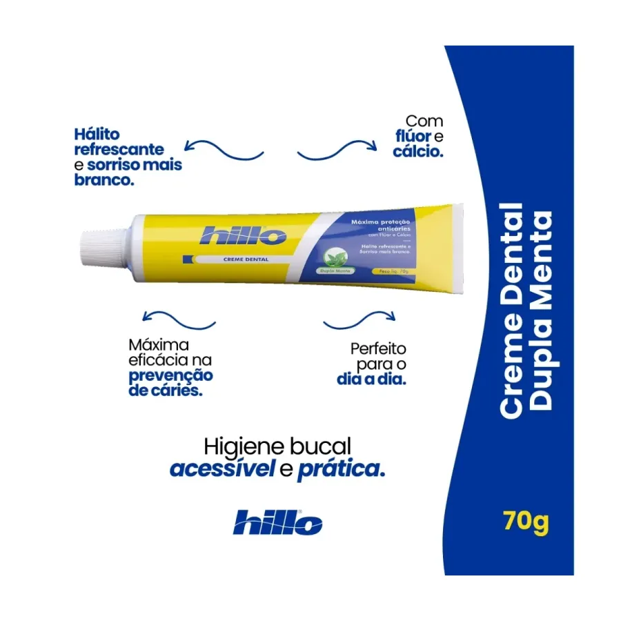 Kit 2 Creme Dental 70g Hillo - Pasta de Dente Dupla Menta Anticáries