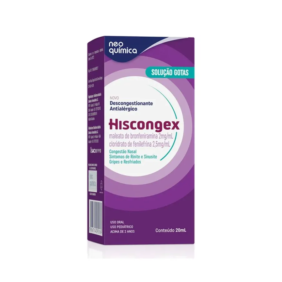 Hiscongex Maleato de Bronfeniramina 2mg + Cloridrato de Fenilefrina 2,5mg Gotas 20ml