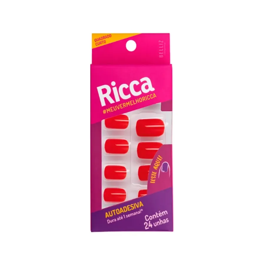 Unhas Postiças Ricca Vermelho Paixão 24 Unidades