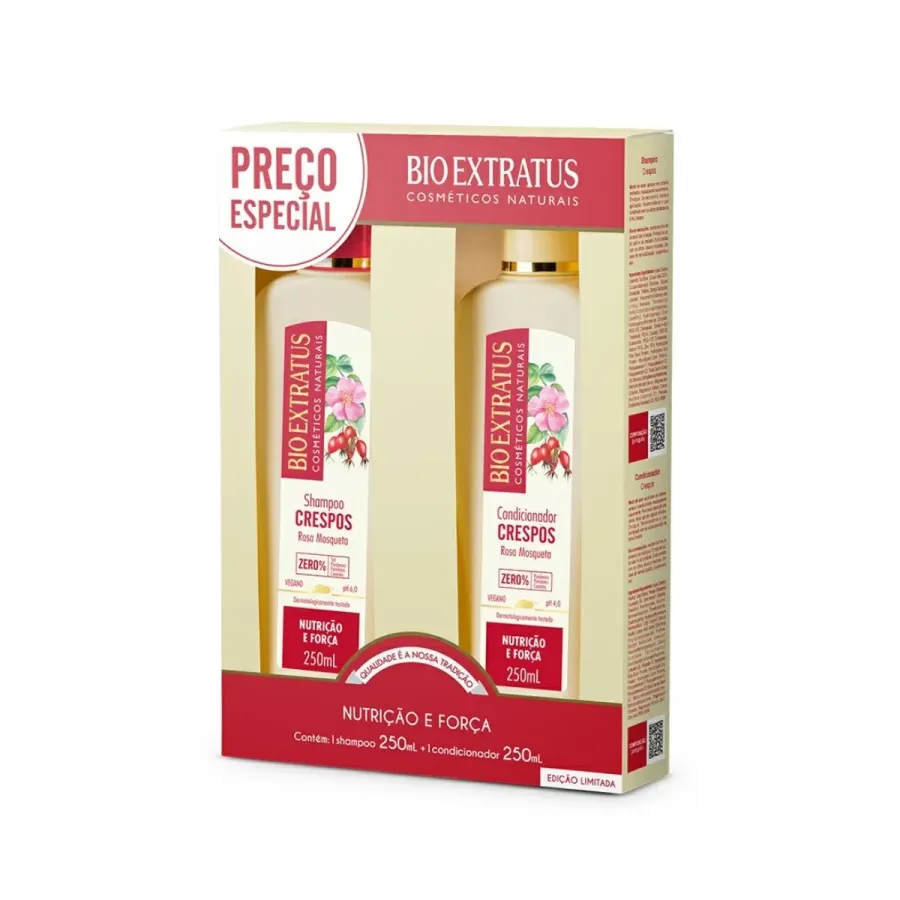 Kit Bio Extratus Crespos Nutrição e Força Rosa de Mosqueta Shampoo 250ml + Condicionador 250ml