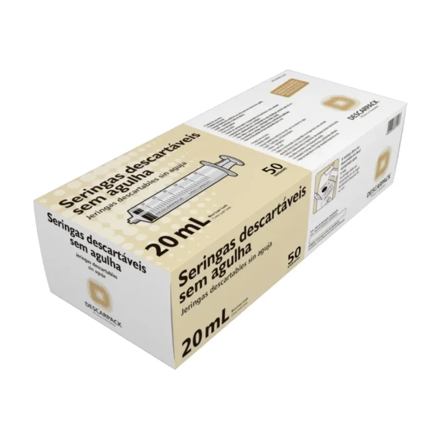 Seringa Descartavel Sem Agulha 20ml Luer Slip Bico 50 Unidades